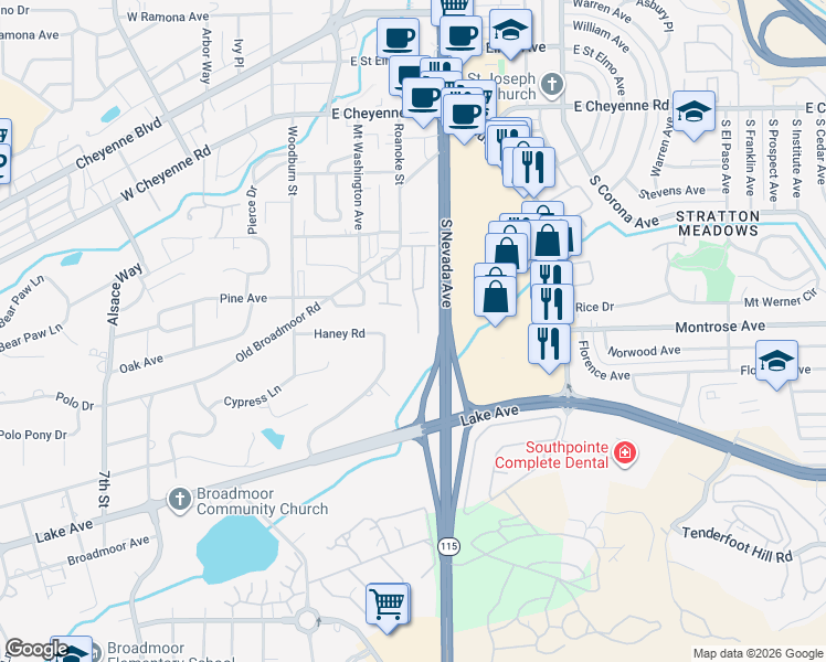 map of restaurants, bars, coffee shops, grocery stores, and more near 2145 Glenhill Road in Colorado Springs
