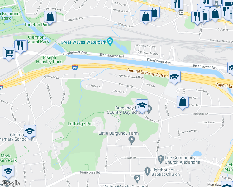 map of restaurants, bars, coffee shops, grocery stores, and more near 5539 Janelle Street in Alexandria