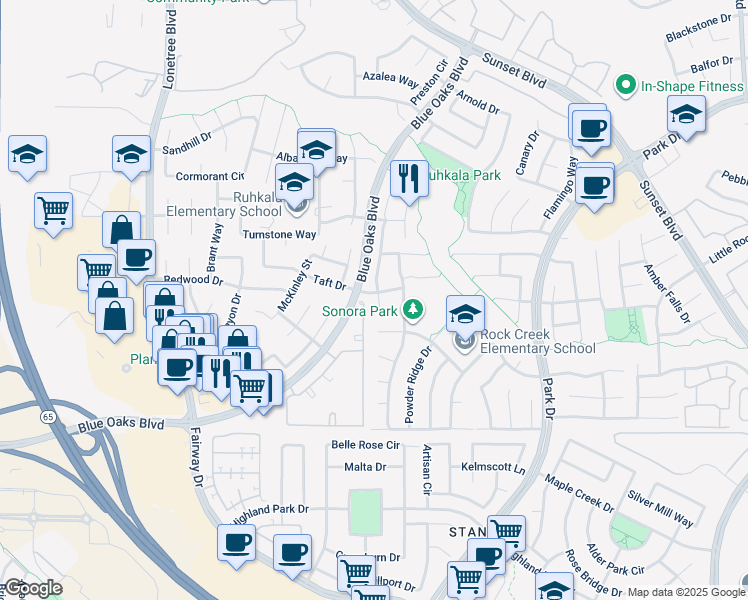 map of restaurants, bars, coffee shops, grocery stores, and more near 6457 Sonora Pass Way in Rocklin