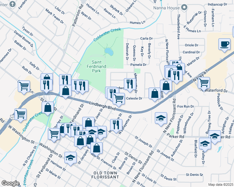 map of restaurants, bars, coffee shops, grocery stores, and more near 5 Champlain Court in Florissant
