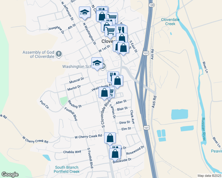 map of restaurants, bars, coffee shops, grocery stores, and more near 121 Healdsburg Avenue in Cloverdale