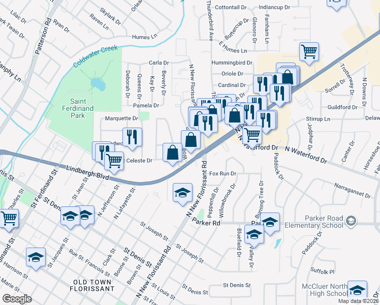map of restaurants, bars, coffee shops, grocery stores, and more near 1755 North New Florissant Road in Florissant