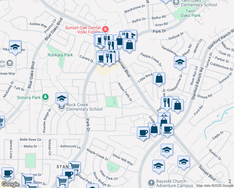 map of restaurants, bars, coffee shops, grocery stores, and more near 2335 Amber Falls Drive in Rocklin