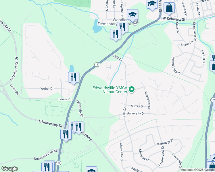 map of restaurants, bars, coffee shops, grocery stores, and more near 814 Lancashire Drive in Edwardsville
