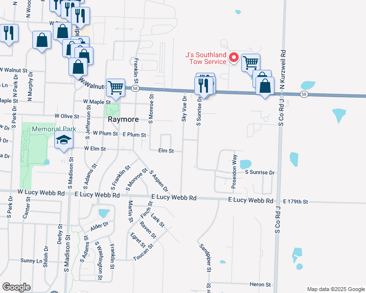map of restaurants, bars, coffee shops, grocery stores, and more near 400 Sky Vue Drive in Raymore