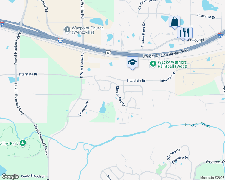 map of restaurants, bars, coffee shops, grocery stores, and more near 1042 Chesterfield Drive in Wentzville