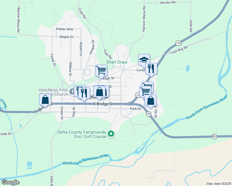 map of restaurants, bars, coffee shops, grocery stores, and more near 270 4th St in Hotchkiss