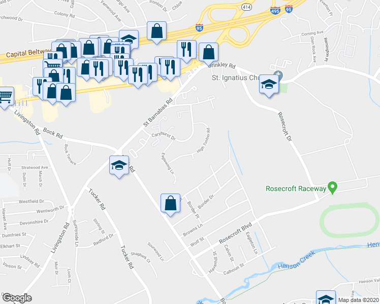 map of restaurants, bars, coffee shops, grocery stores, and more near 1914 High Timber Road in Fort Washington