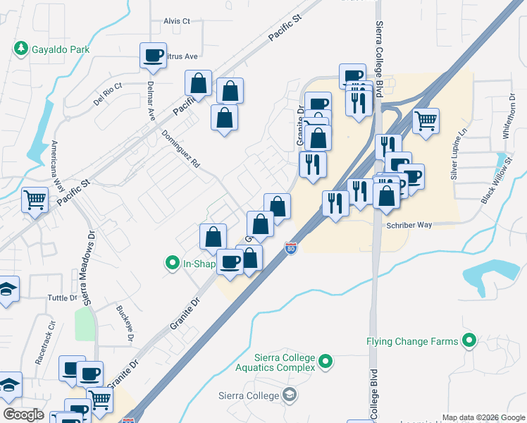 map of restaurants, bars, coffee shops, grocery stores, and more near 4309 Gentry Way in Rocklin
