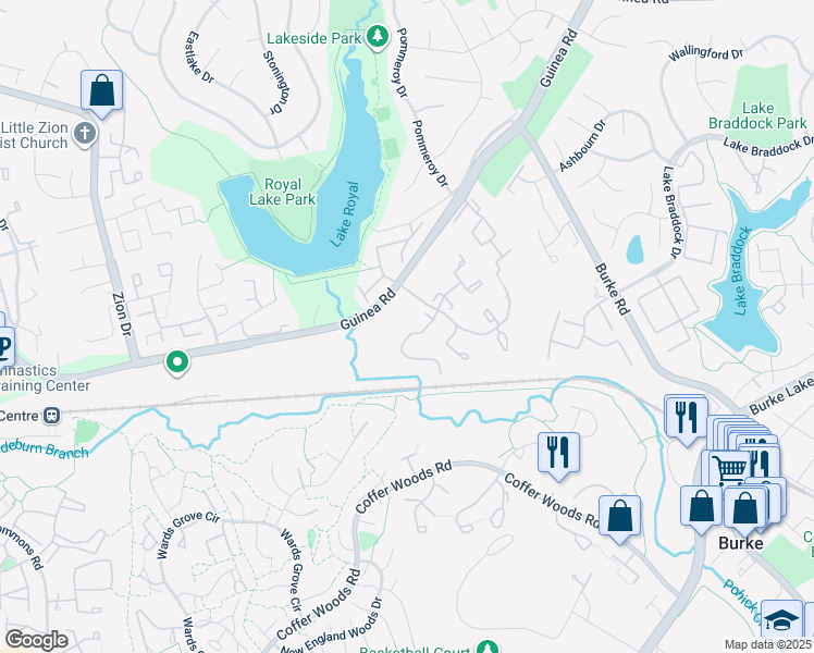 map of restaurants, bars, coffee shops, grocery stores, and more near 9930 Whitewater Drive in Burke