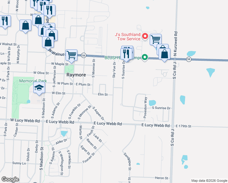 map of restaurants, bars, coffee shops, grocery stores, and more near 400 Sky Vue Drive in Raymore
