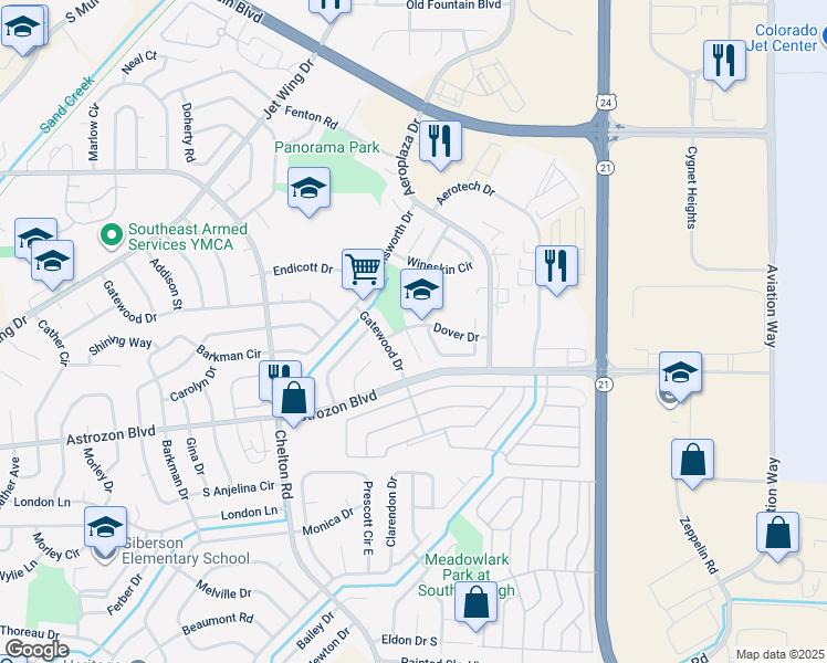 map of restaurants, bars, coffee shops, grocery stores, and more near 2215 Anthony Court in Colorado Springs