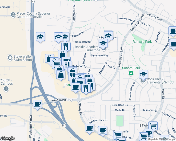 map of restaurants, bars, coffee shops, grocery stores, and more near 6602 Grand Canyon Drive in Rocklin