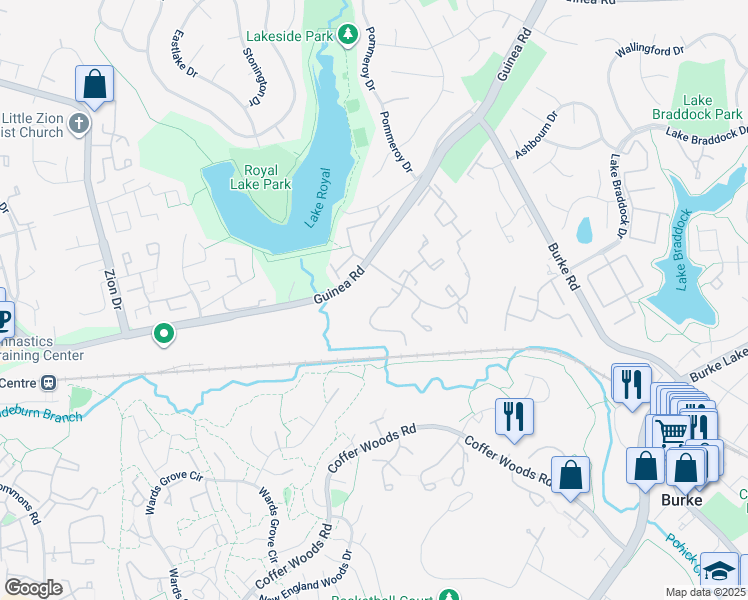 map of restaurants, bars, coffee shops, grocery stores, and more near 9930 Whitewater Drive in Burke