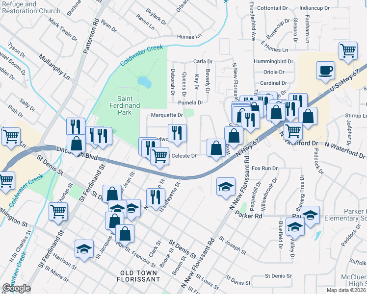 map of restaurants, bars, coffee shops, grocery stores, and more near 50 Marquette Drive in Florissant