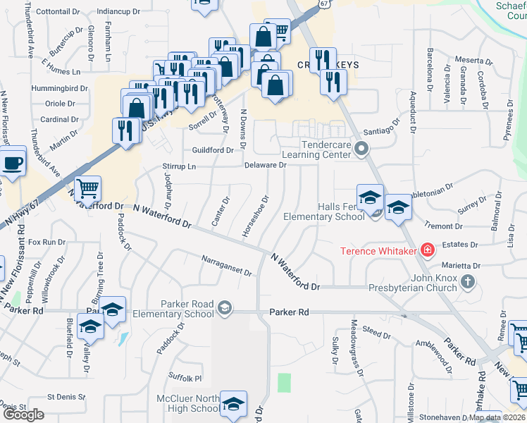map of restaurants, bars, coffee shops, grocery stores, and more near 1625 Horseshoe Drive in Florissant