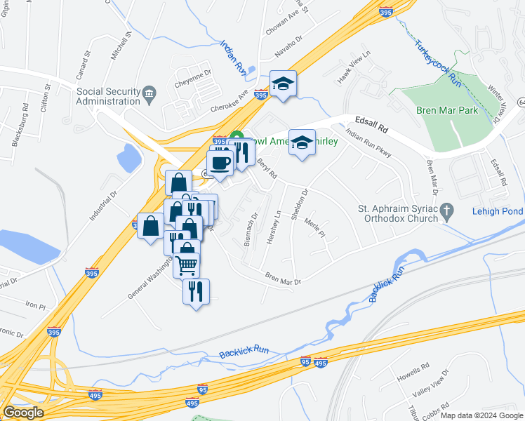 map of restaurants, bars, coffee shops, grocery stores, and more near 5604 Bloomfield Drive in Alexandria