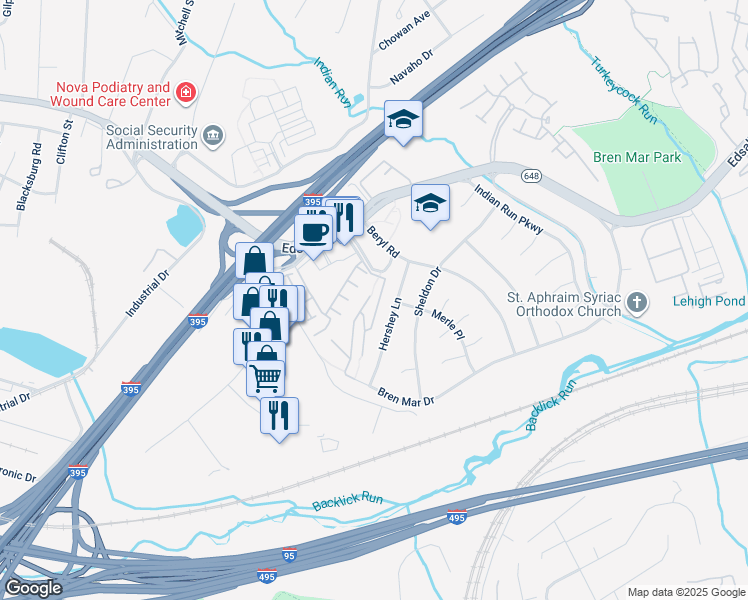 map of restaurants, bars, coffee shops, grocery stores, and more near 5604 Bloomfield Drive in Alexandria
