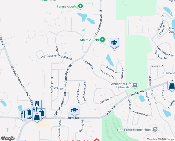 map of restaurants, bars, coffee shops, grocery stores, and more near 12361 Trail Forest Drive in Florissant