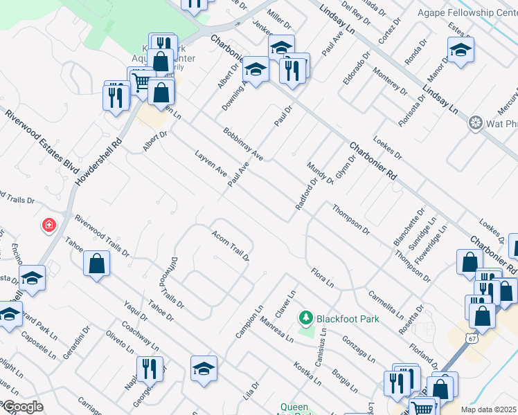 map of restaurants, bars, coffee shops, grocery stores, and more near 1580 Layven Avenue in Florissant