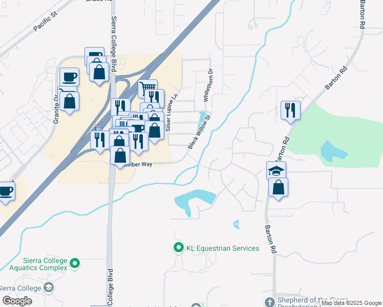map of restaurants, bars, coffee shops, grocery stores, and more near 5604 Black Willow Street in Rocklin
