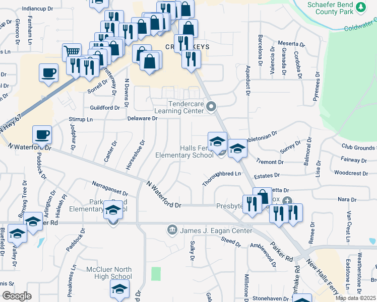 map of restaurants, bars, coffee shops, grocery stores, and more near 1605 Koch Drive in Florissant