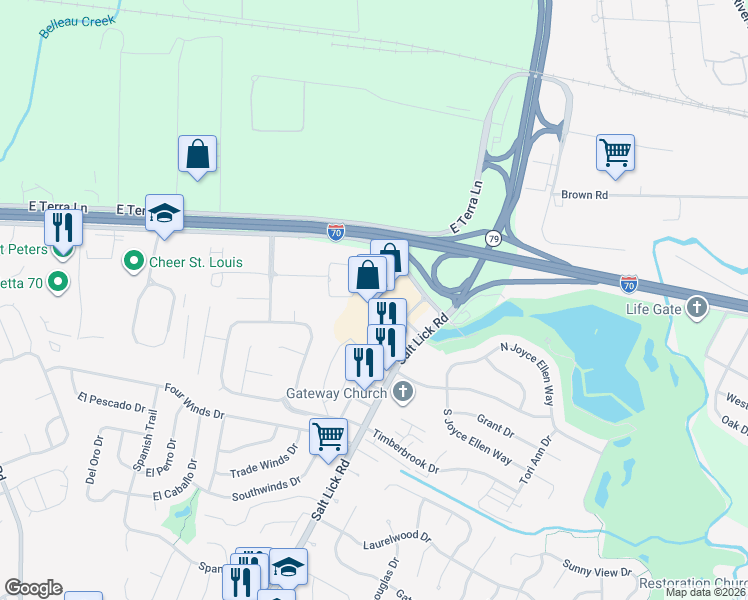 map of restaurants, bars, coffee shops, grocery stores, and more near 217 Salt Lick Road in St. Peters