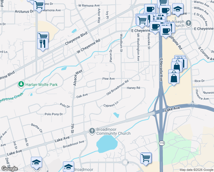 map of restaurants, bars, coffee shops, grocery stores, and more near 28 Oak Avenue in Colorado Springs