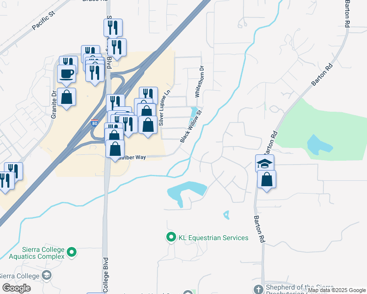map of restaurants, bars, coffee shops, grocery stores, and more near 5604 Black Willow Street in Rocklin