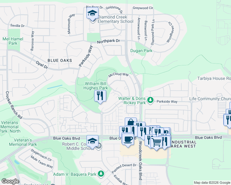 map of restaurants, bars, coffee shops, grocery stores, and more near 200 Skeena Court in Roseville