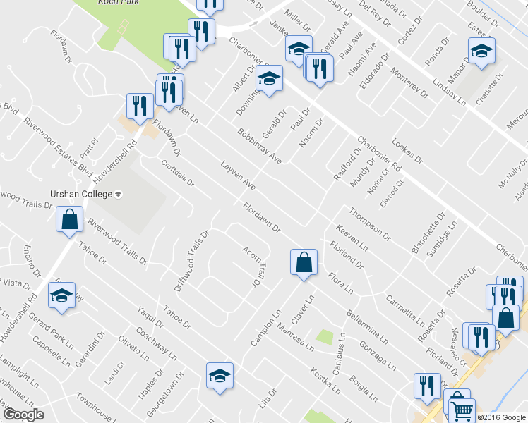 map of restaurants, bars, coffee shops, grocery stores, and more near 1580 Layven Avenue in Florissant