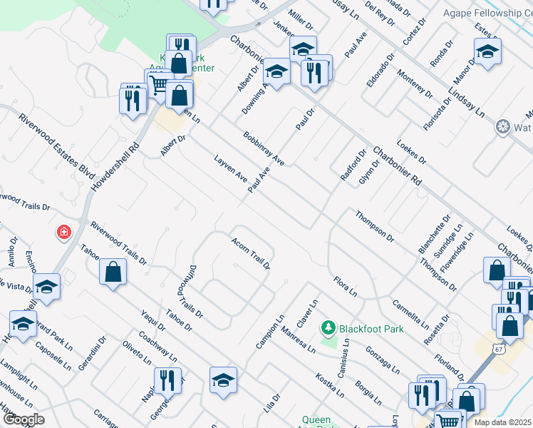 map of restaurants, bars, coffee shops, grocery stores, and more near 1580 Layven Avenue in Florissant