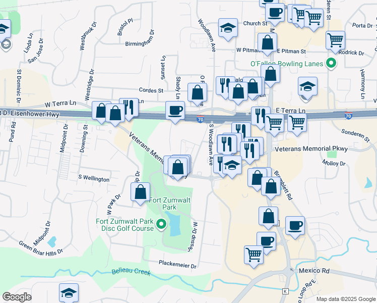 map of restaurants, bars, coffee shops, grocery stores, and more near 237 Woodbury Place Circle in O'Fallon