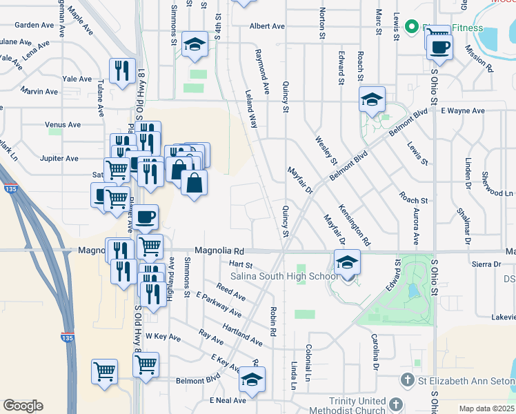 map of restaurants, bars, coffee shops, grocery stores, and more near 2363 Chapel Ridge Place in Salina