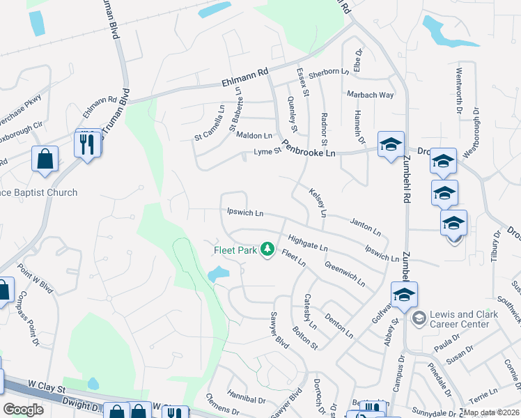 map of restaurants, bars, coffee shops, grocery stores, and more near 3428 Ipswich Lane in Saint Charles