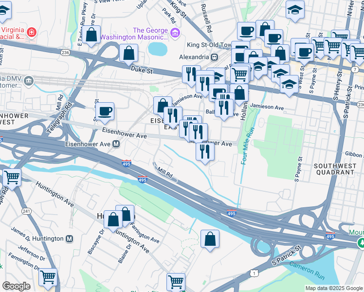 map of restaurants, bars, coffee shops, grocery stores, and more near 2034 Eisenhower Avenue in Alexandria