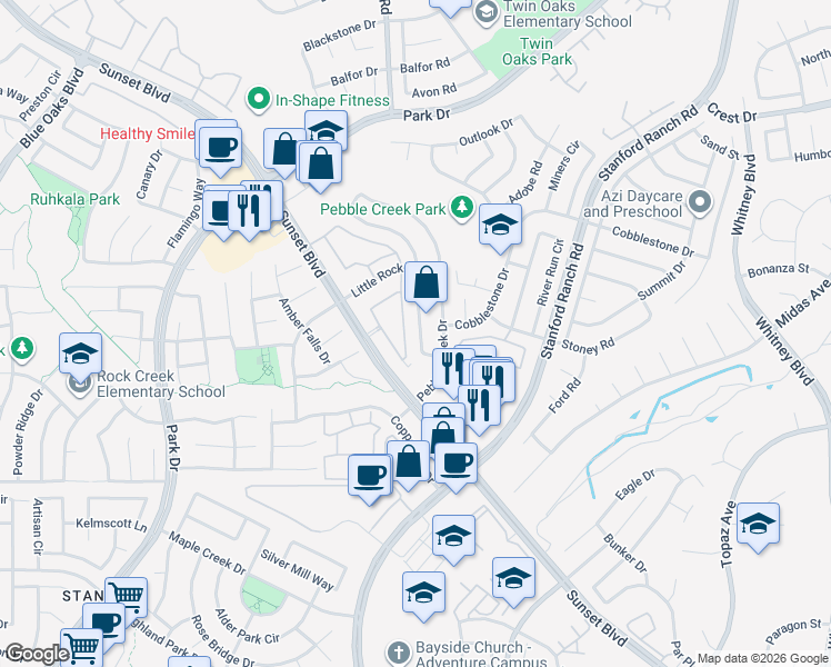 map of restaurants, bars, coffee shops, grocery stores, and more near 2301 Sunset Boulevard in Rocklin