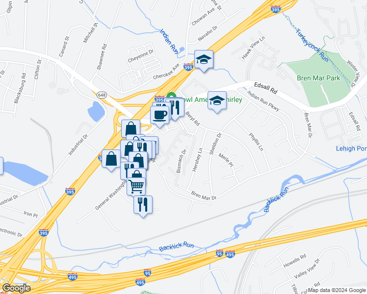 map of restaurants, bars, coffee shops, grocery stores, and more near 5602 Bismach Drive in Alexandria