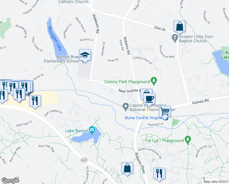 map of restaurants, bars, coffee shops, grocery stores, and more near 5555 Caithness Court in Fairfax
