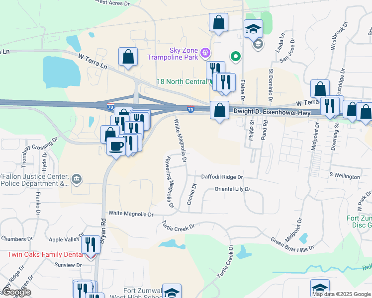 map of restaurants, bars, coffee shops, grocery stores, and more near 21 Flowering Magnolia Court in O'Fallon