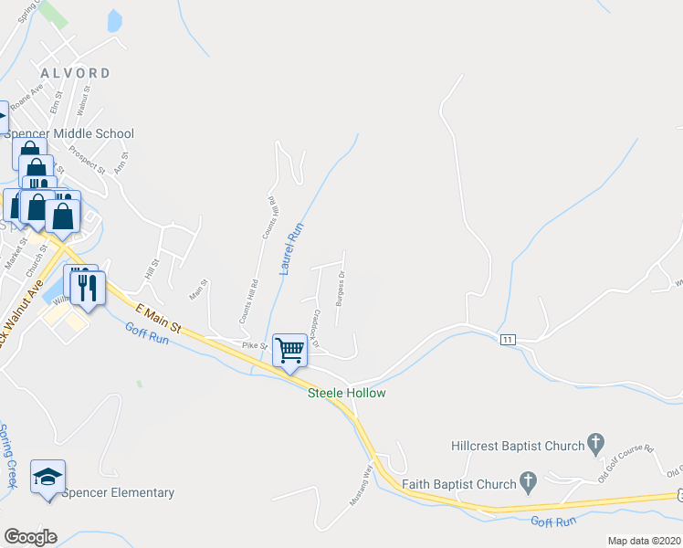 map of restaurants, bars, coffee shops, grocery stores, and more near Burgess Drive in Spencer