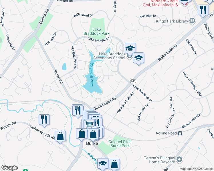 map of restaurants, bars, coffee shops, grocery stores, and more near 5502 Saddlebrook Court in Burke