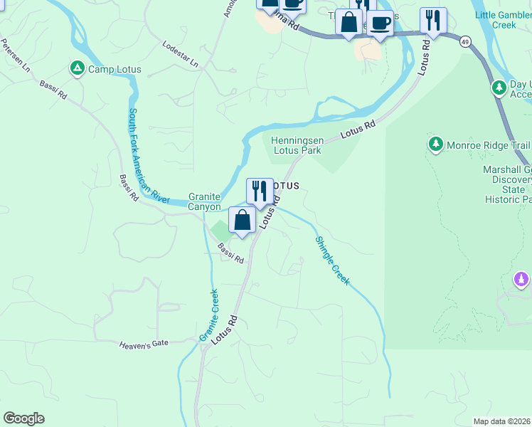 map of restaurants, bars, coffee shops, grocery stores, and more near 1006 Lotus Road in Coloma