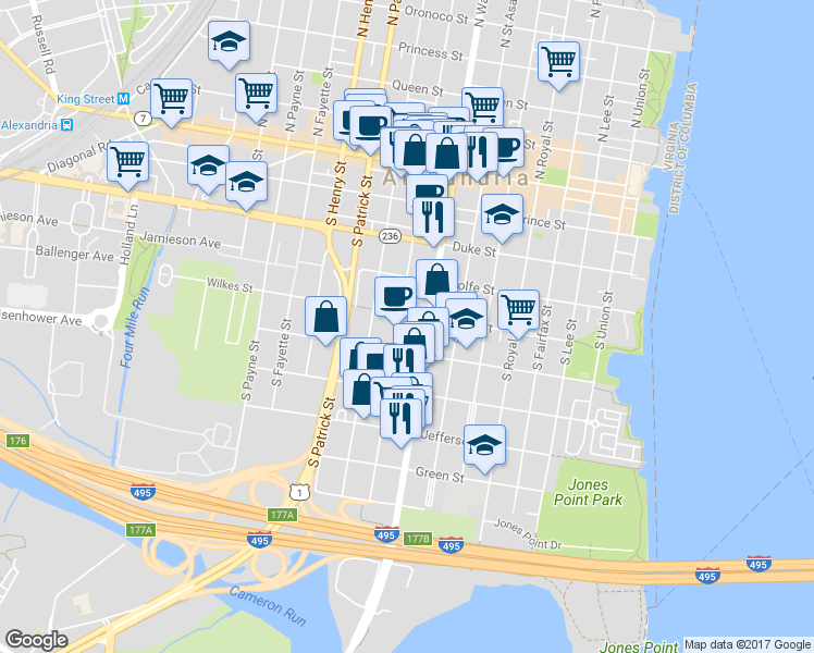 map of restaurants, bars, coffee shops, grocery stores, and more near 500 S Columbus St in Alexandria