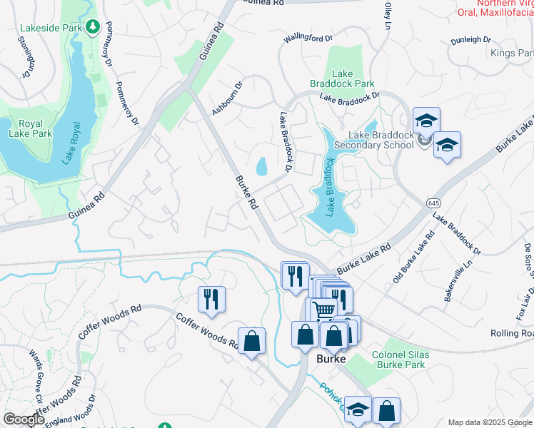 map of restaurants, bars, coffee shops, grocery stores, and more near 5546 Hollins Lane in Burke