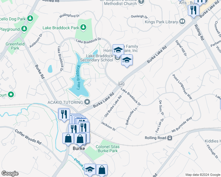 map of restaurants, bars, coffee shops, grocery stores, and more near 5514 Westcliff Court in Burke