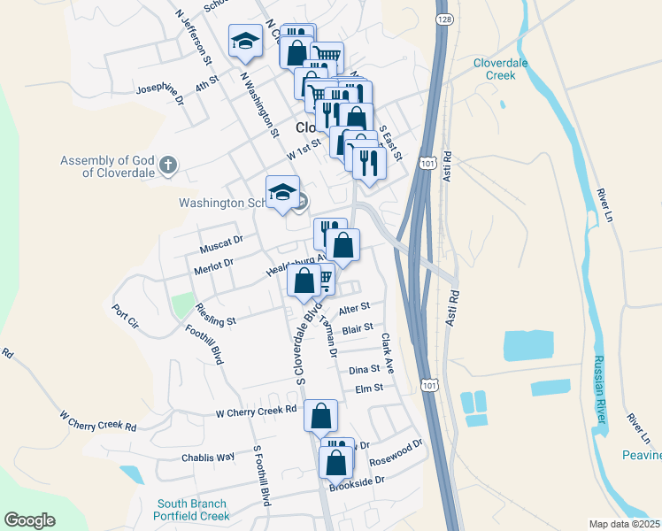 map of restaurants, bars, coffee shops, grocery stores, and more near in Cloverdale