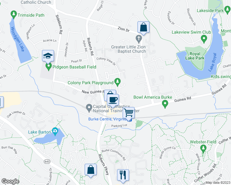 map of restaurants, bars, coffee shops, grocery stores, and more near 10309 Colony Park Drive in Fairfax