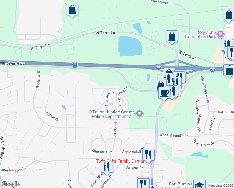 map of restaurants, bars, coffee shops, grocery stores, and more near Thornbury Crossing Drive in O'Fallon