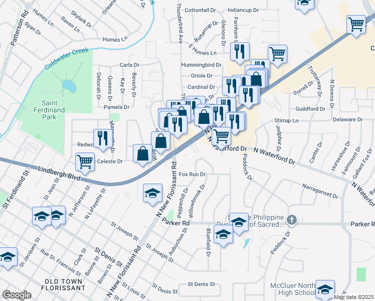 map of restaurants, bars, coffee shops, grocery stores, and more near 2000 North Highway 67 in Florissant